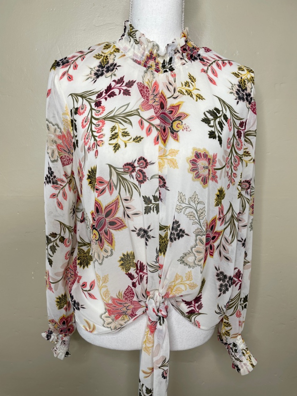 OPHELIA ROE Pink & Cream Floral Semi Sheer Tie Front Romantic Smocked Blouse Sm